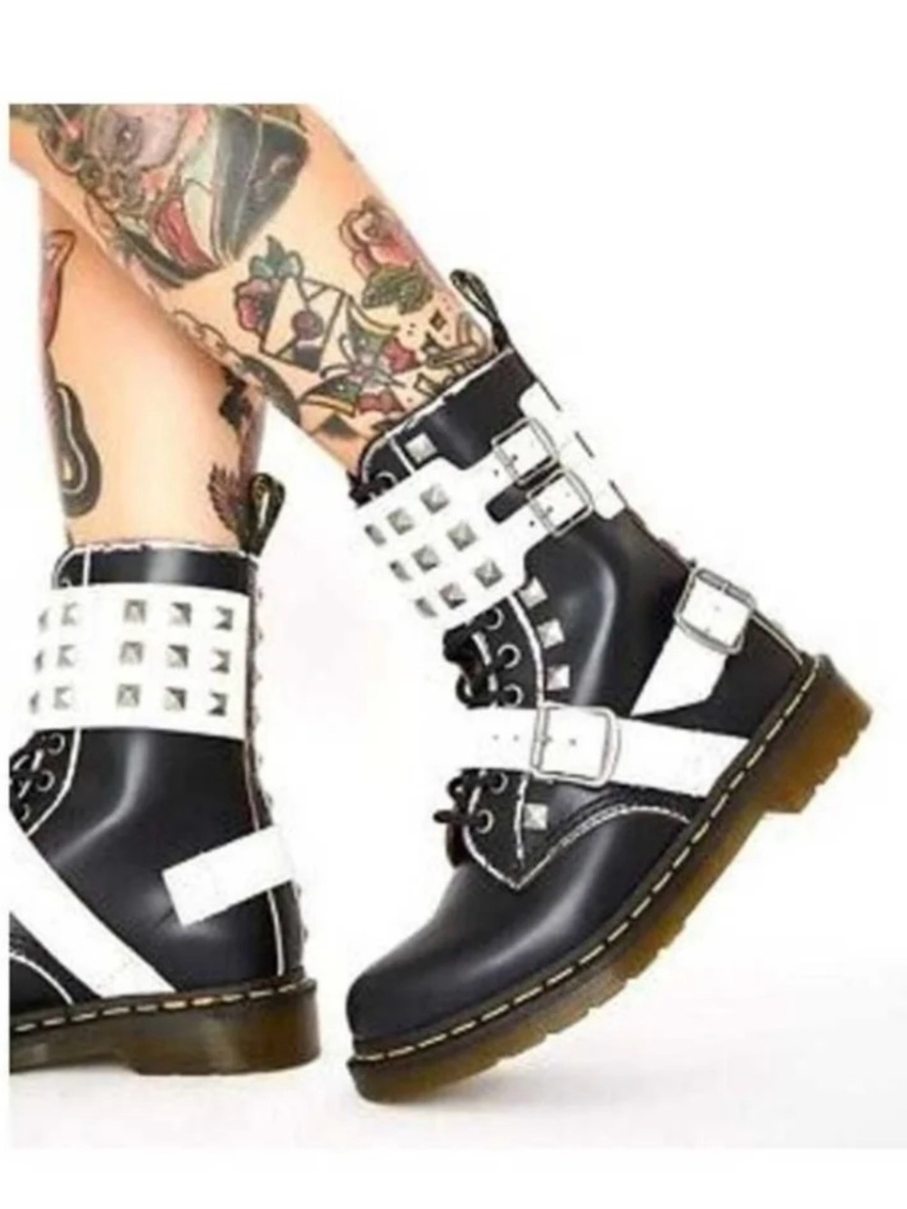 Dr. Martens Black and White Studded Buckle Combat Boots